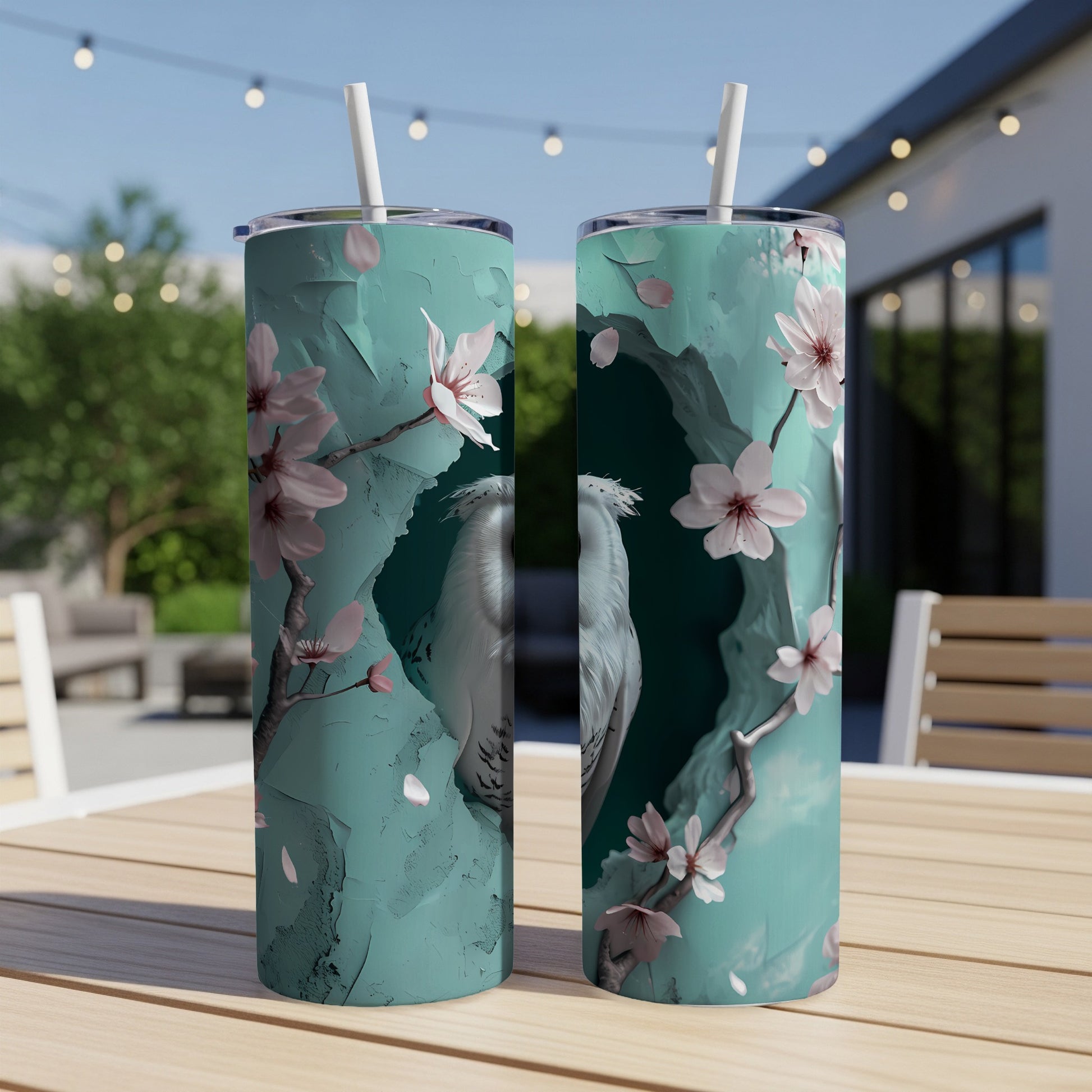 Two tumblers with a teal floral and bird design on a wooden table.
