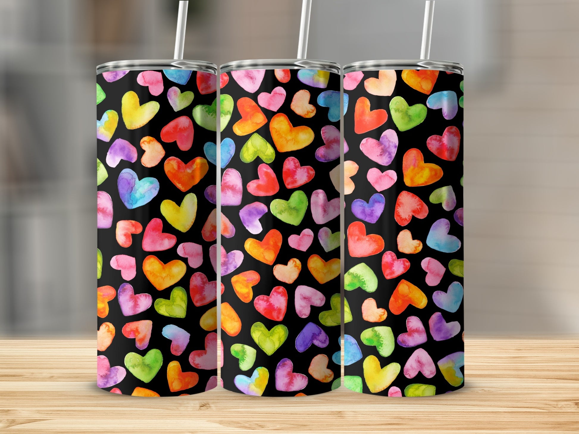 Colorful Heart Pattern Tumbler with Straw Cup