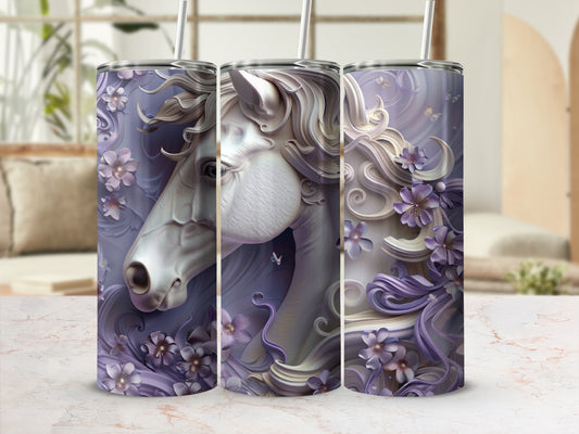 Close-up of a white horse's head with purple flowers and butterflies.