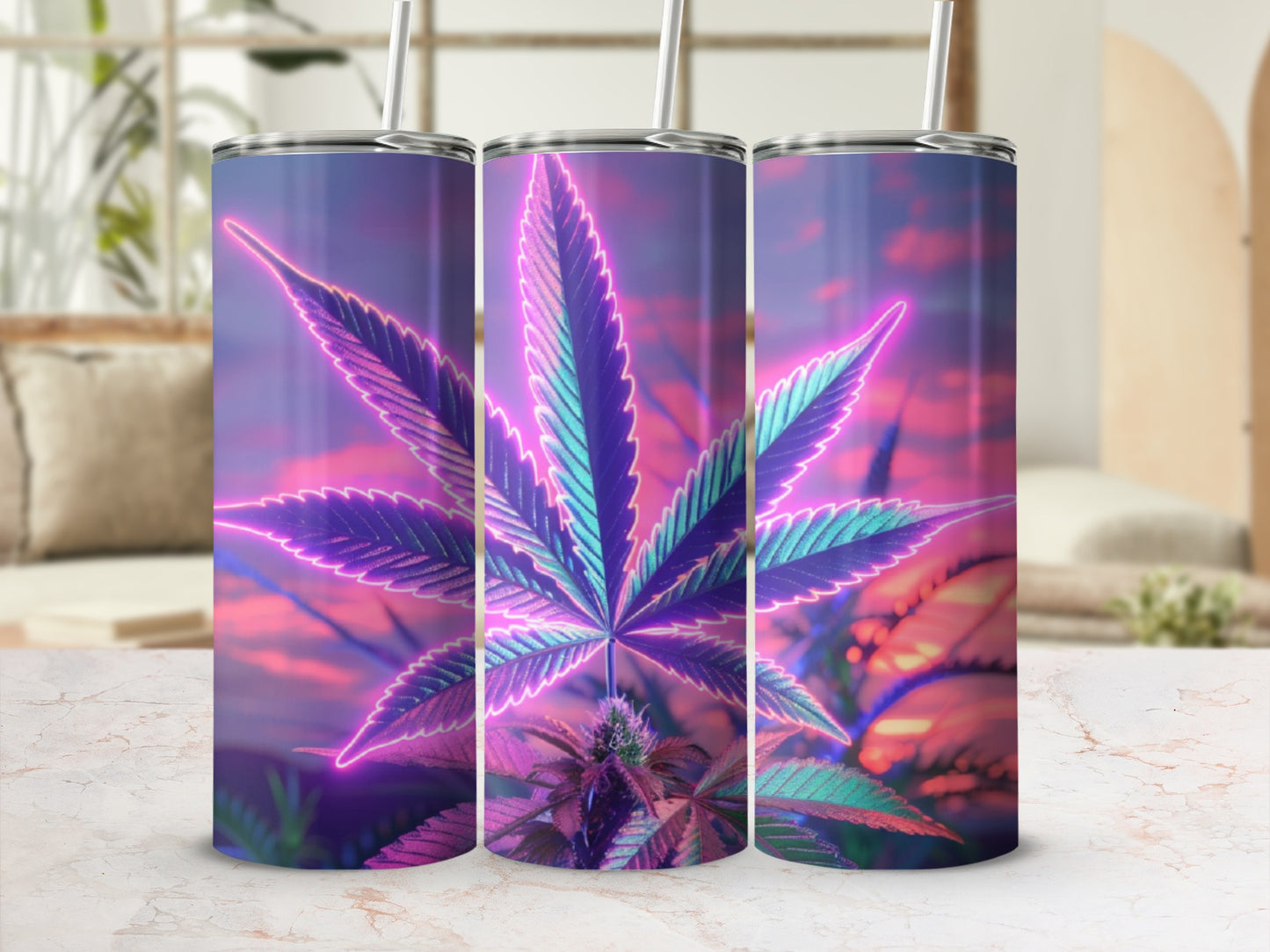 Cannabis leaf design on three tumblers with neon purple and blue glow.