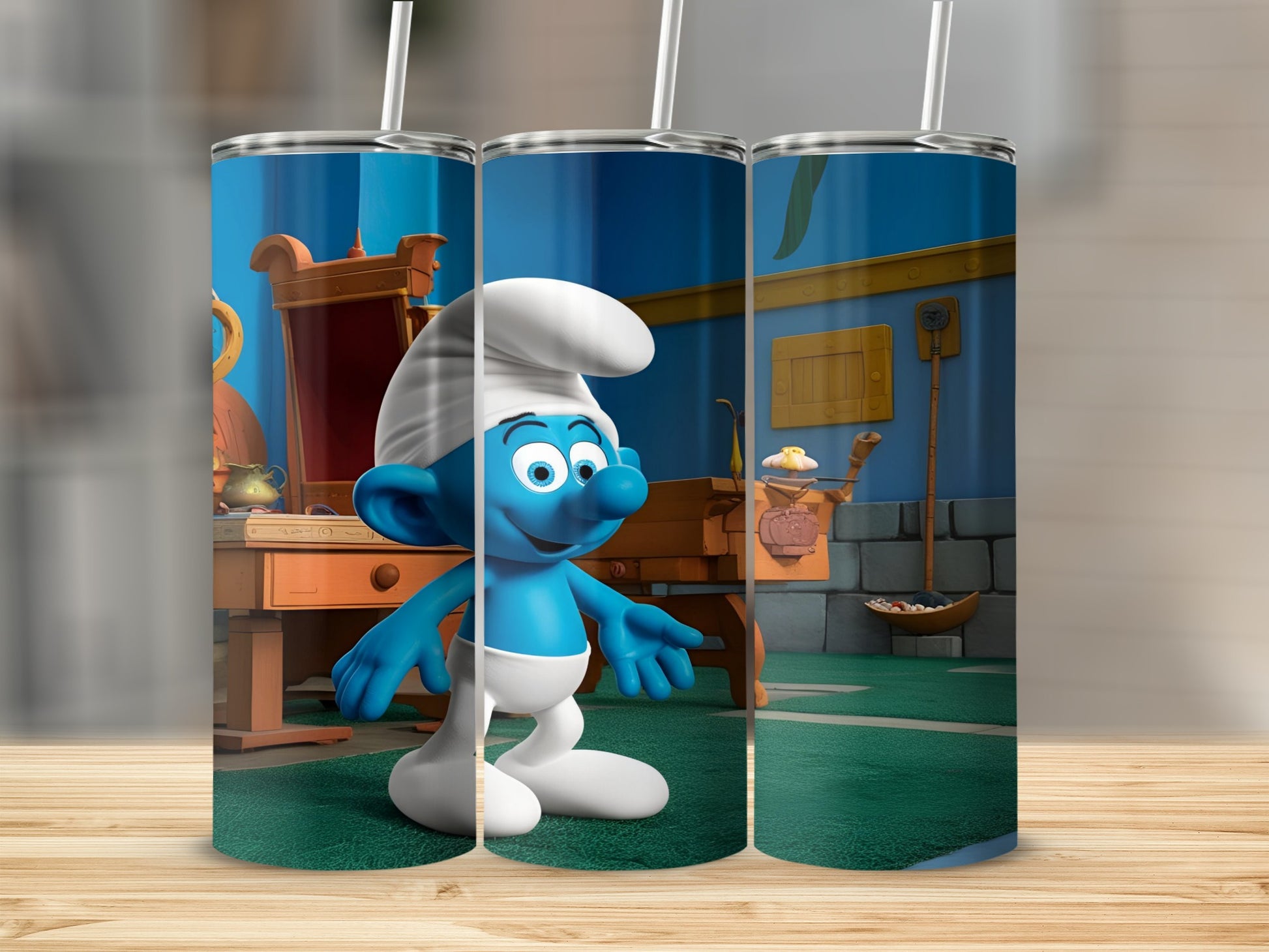Smurf character in chef's hat and apron in a kitchen.