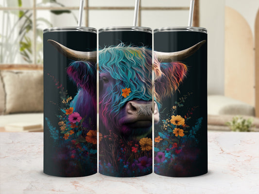 Highland cow with colorful floral accents on a tumbler.