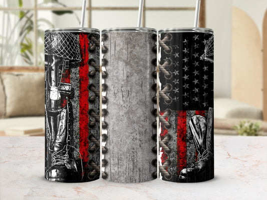 Patriotic tumbler with distressed American flag, military boots, and red stripe.