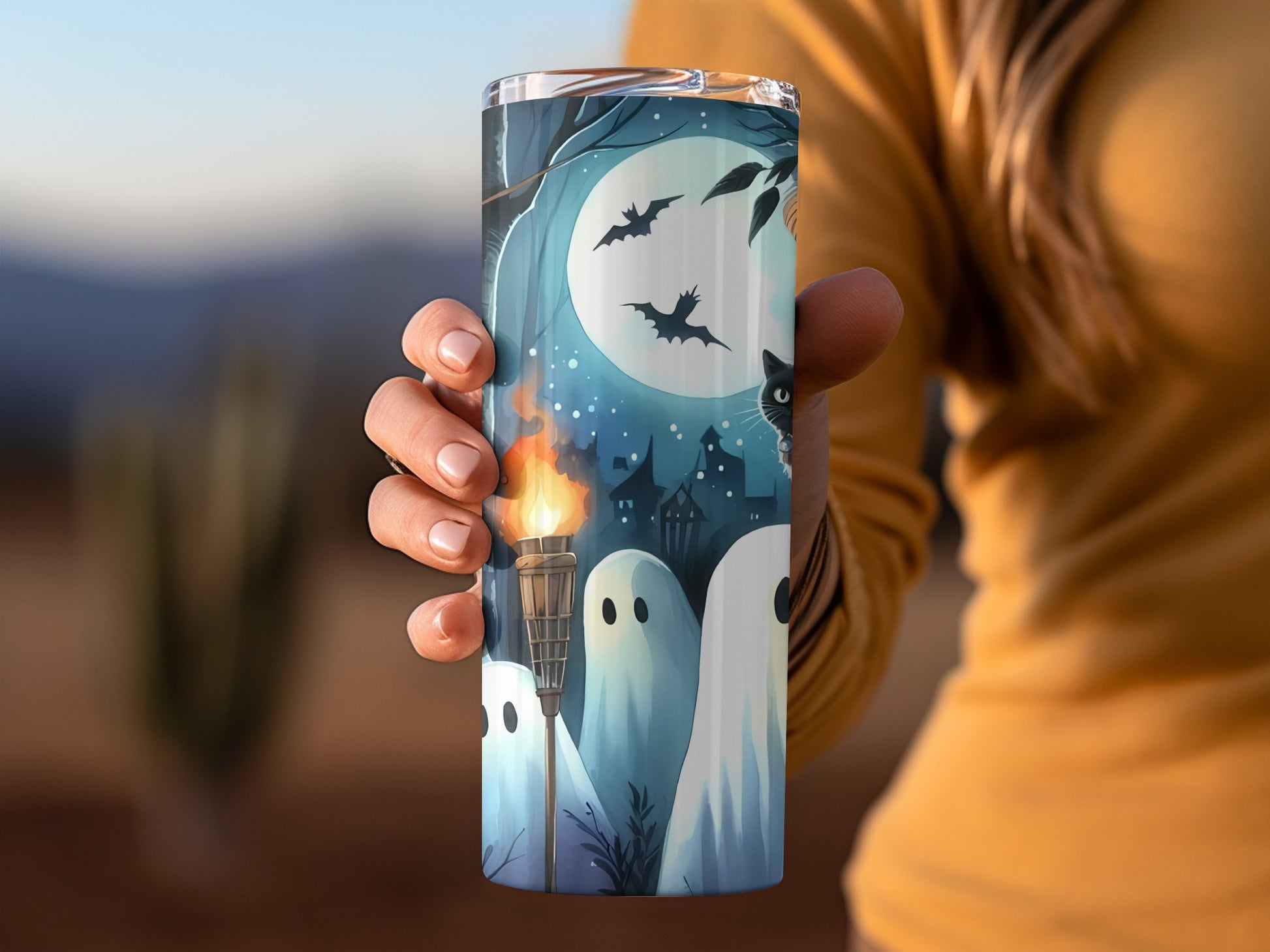 Spooky Halloween Ghosts and Bats Themed Tumbler Cup