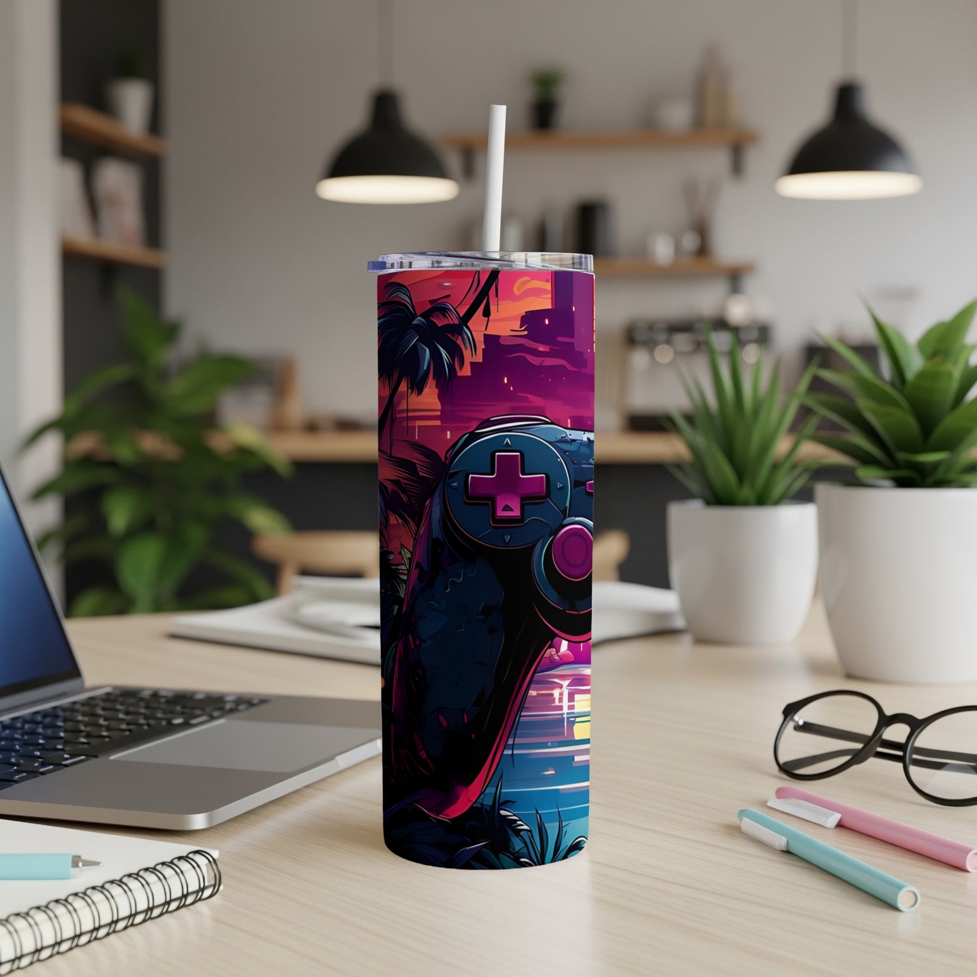 Gamer tumbler with a vibrant, pixelated controller and tropical sunset design.