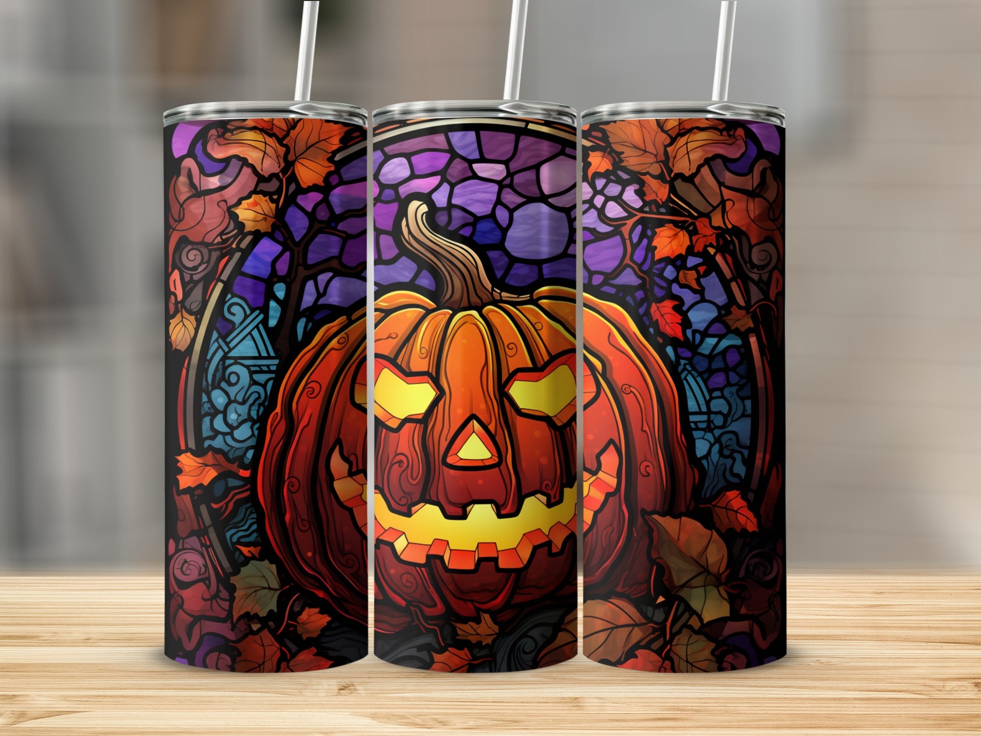 Triptych of a glowing jack-o'-lantern and autumn leaves against a stained-glass background.