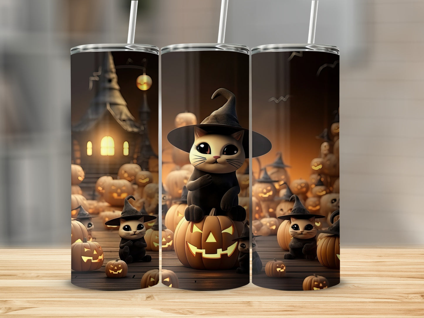 Halloween tumblers with cats in witch hats and jack-o'-lanterns.