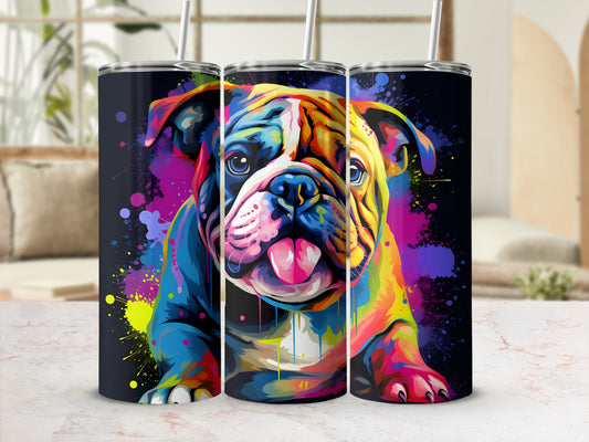 Colorful abstract bulldog painting on three tumblers.
