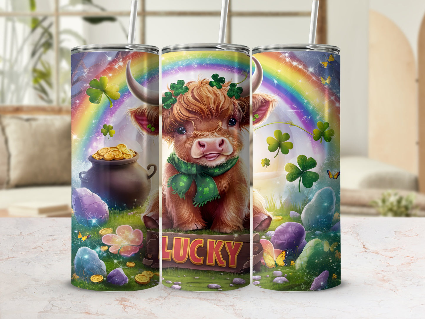 Cute Highland calf with lucky symbols and rainbow on a tumbler.