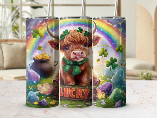 Cute Highland calf with lucky symbols and rainbow on a tumbler.