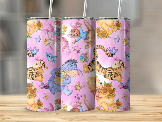 Winnie The Pooh Friends and Flowers Pattern Pink Tumblers