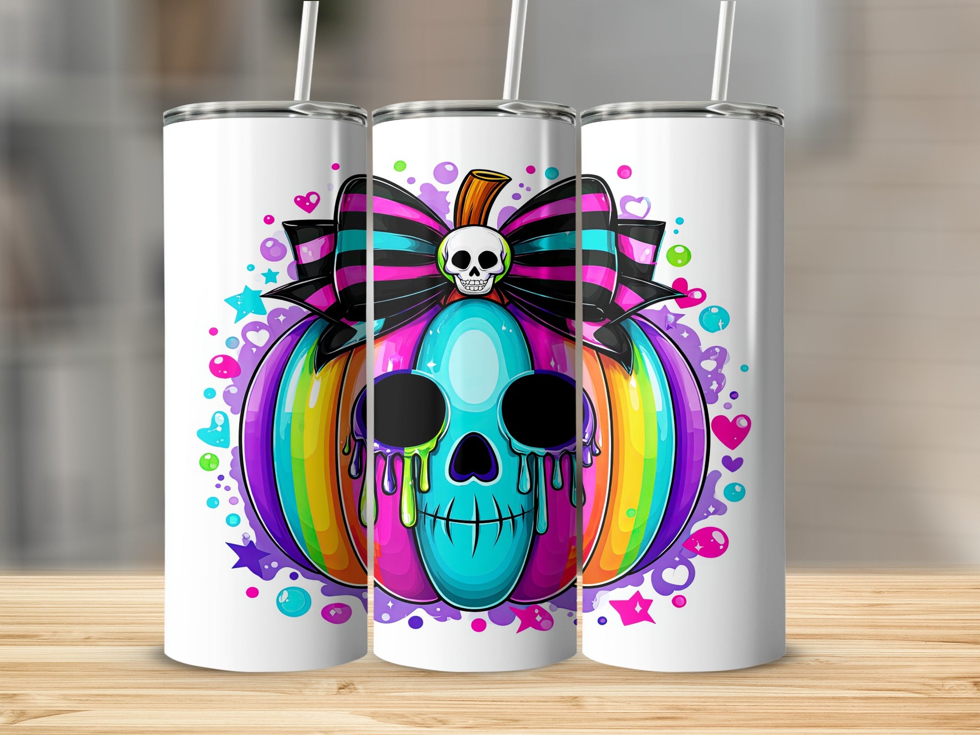 Vibrant Skulls and Pumpkins Halloween Tumbler Design