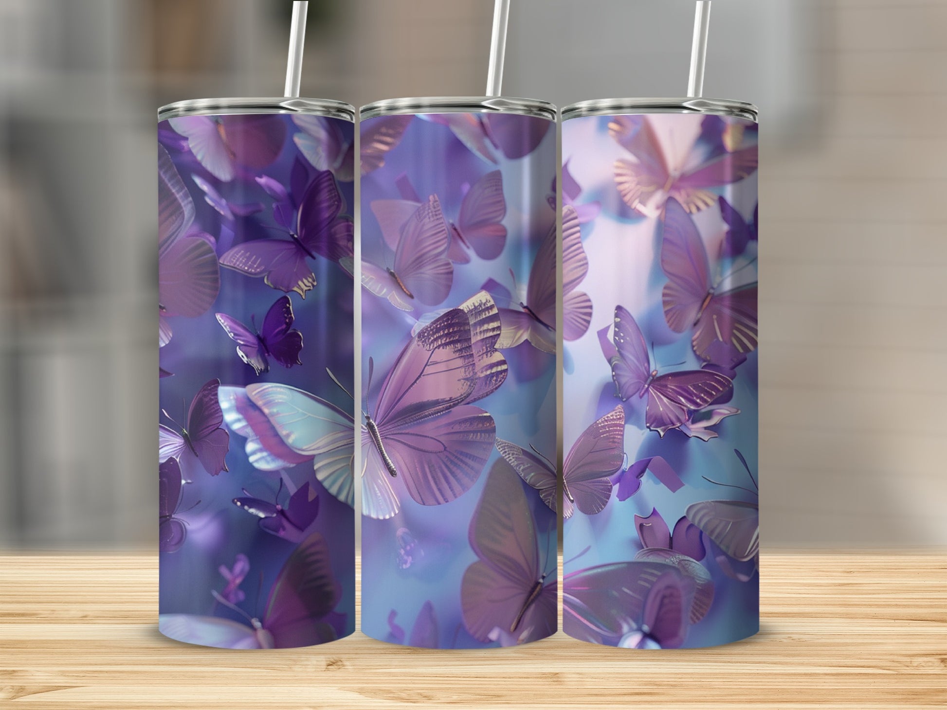 Purple butterflies on a gradient background on a tumbler.
