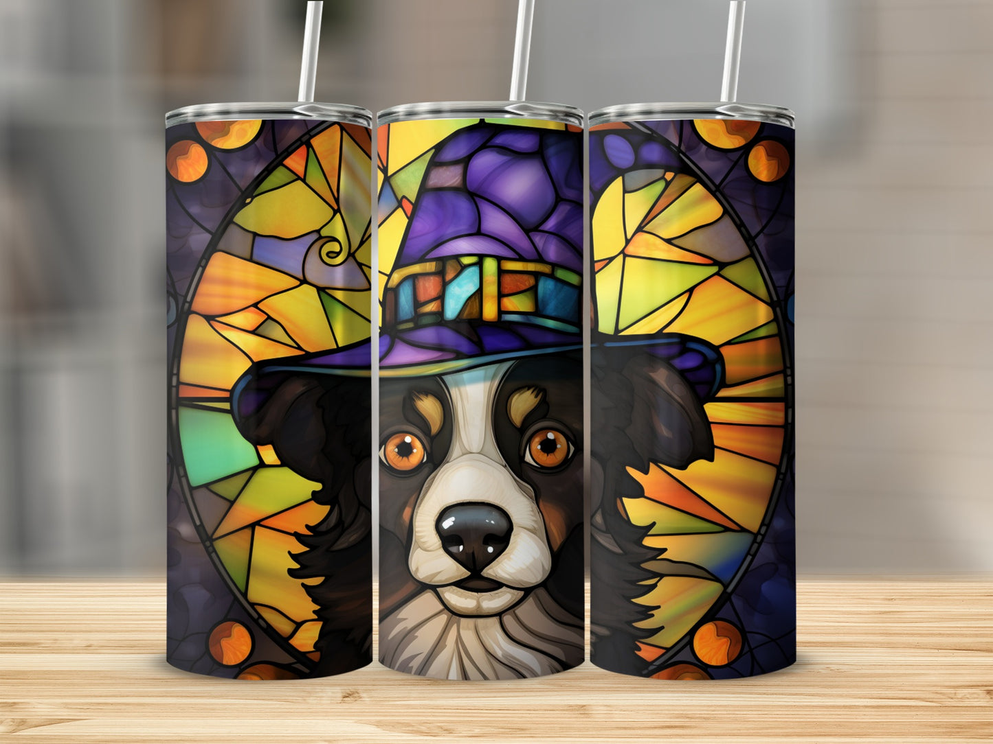 Border collie wearing witch hat, stained glass design, Halloween theme tumbler.