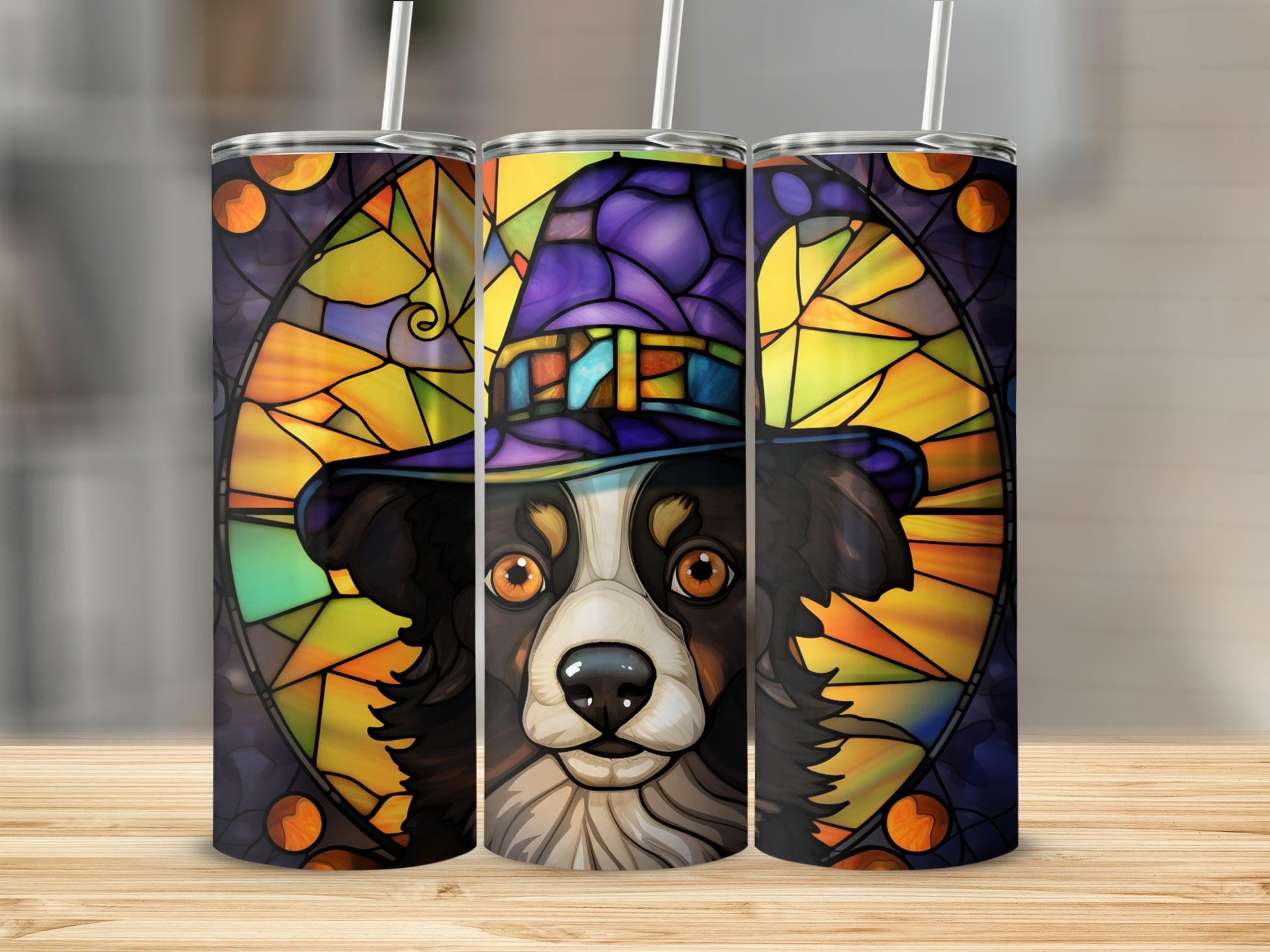Border collie wearing witch hat, stained glass design, Halloween theme tumbler.
