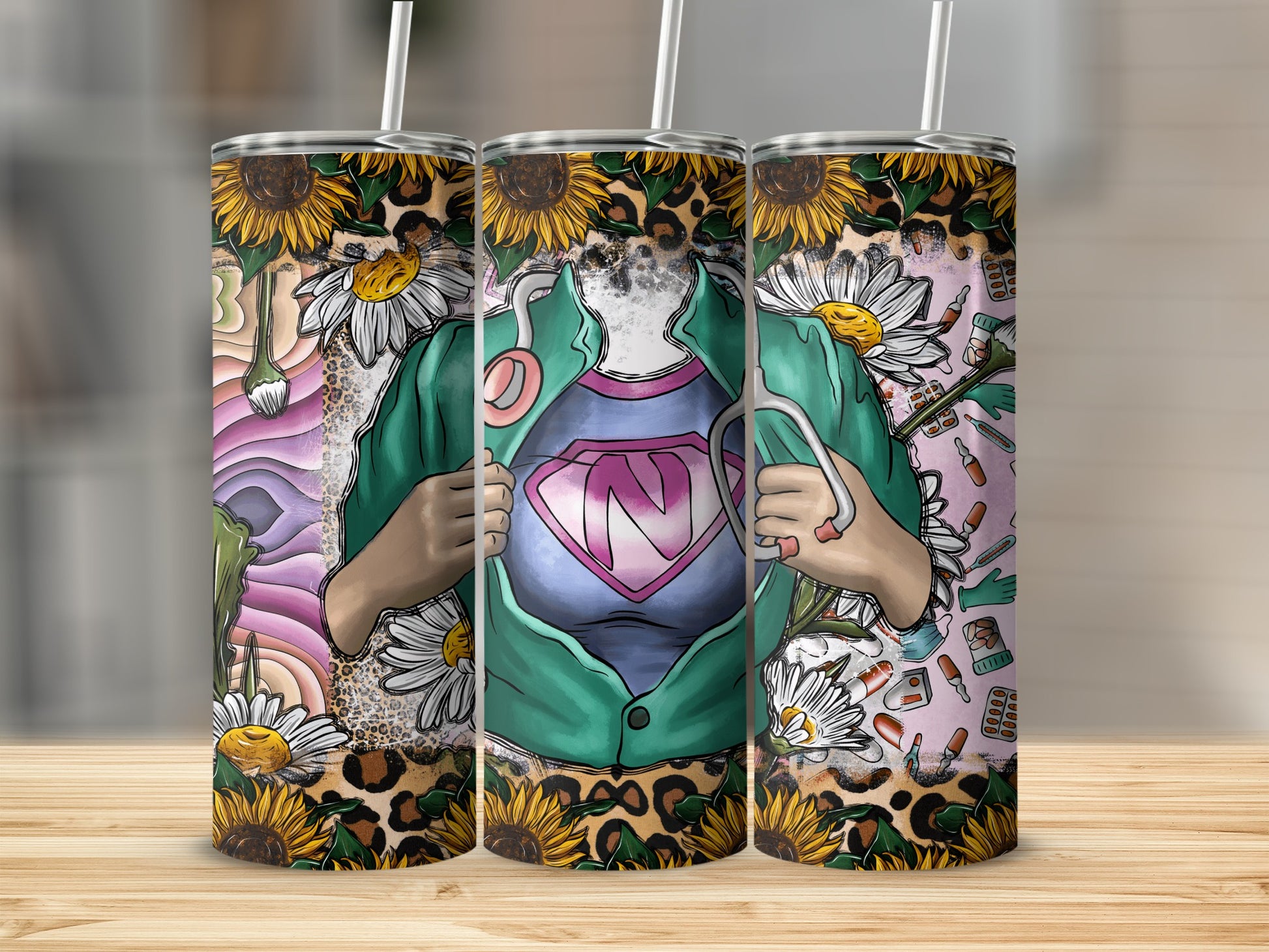 Nurse superhero reveals 'N' logo on chest, surrounded by sunflowers and medical icons.