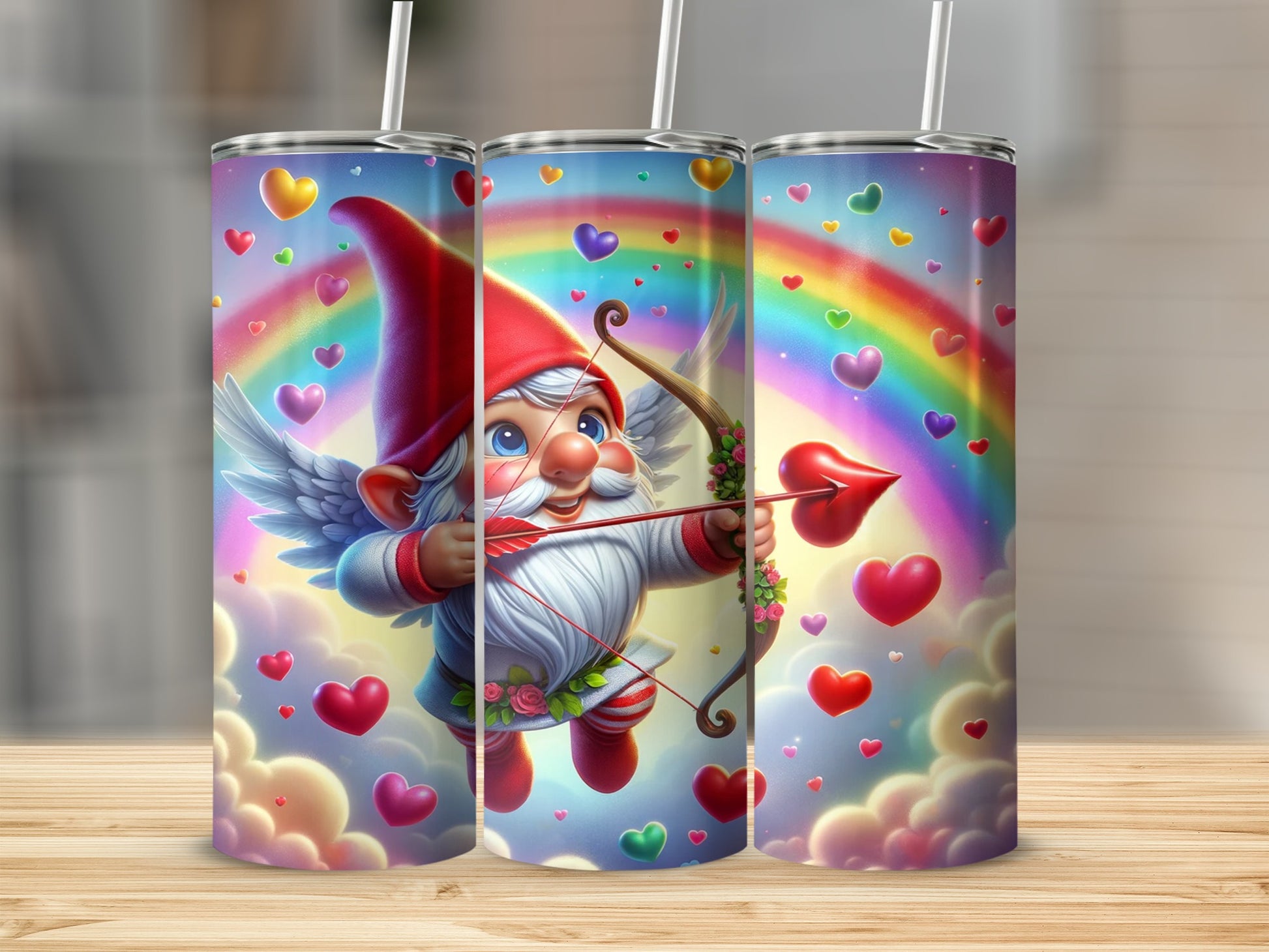 Cute Cupid Gnome with Rainbow Hearts Tumbler Design