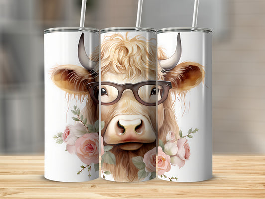 Tall tumbler with a watercolor illustration of a brown cow wearing glasses.