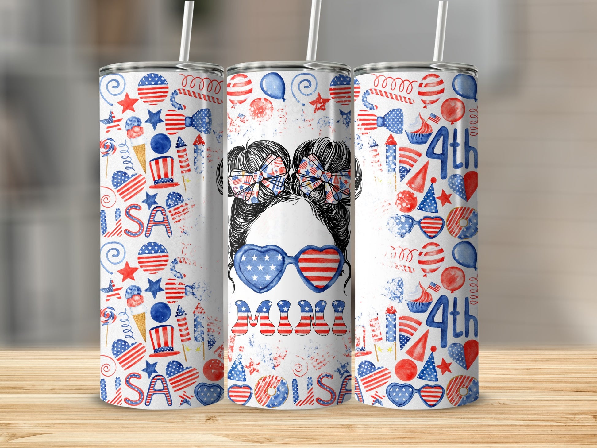 Tumbler set with patriotic Fourth of July graphics and "MOM" text.