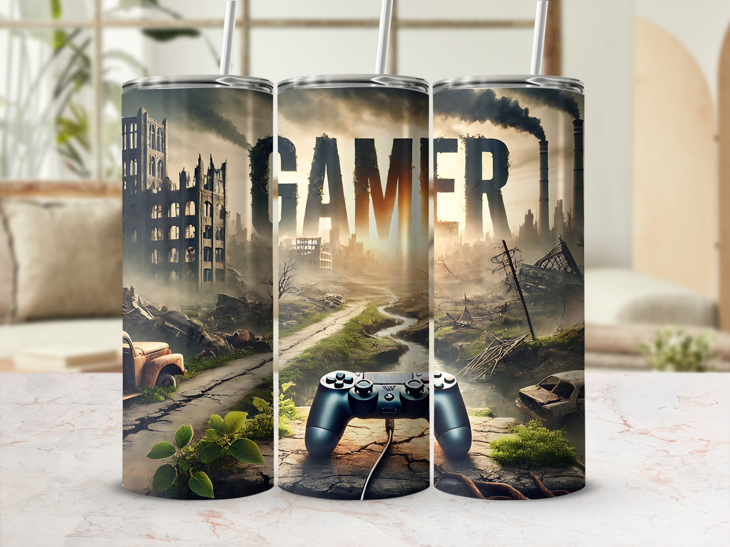 Triptych of tumblers featuring a post-apocalyptic landscape with "GAMER" text.