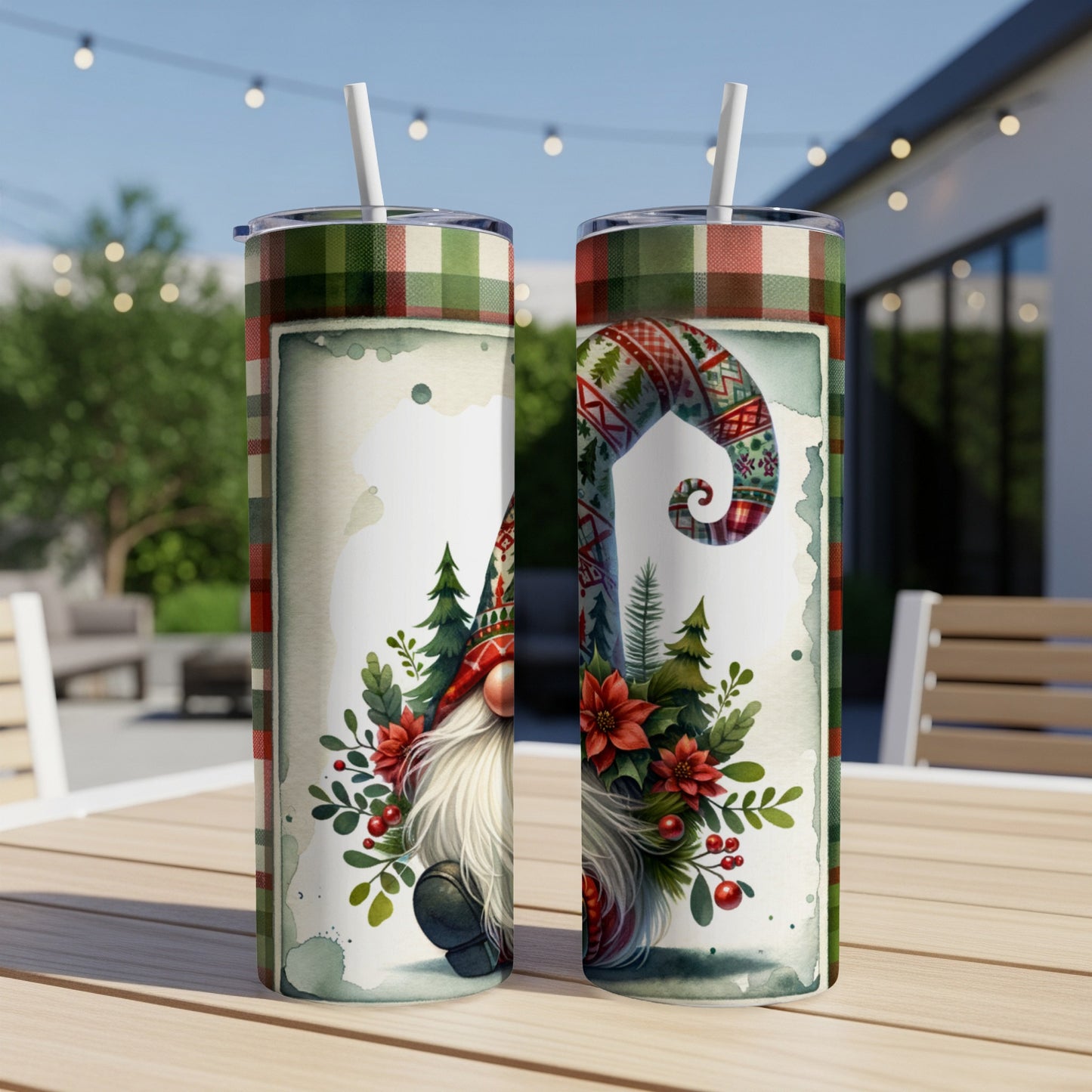 Two tumblers with Christmas gnome and plaid pattern.
