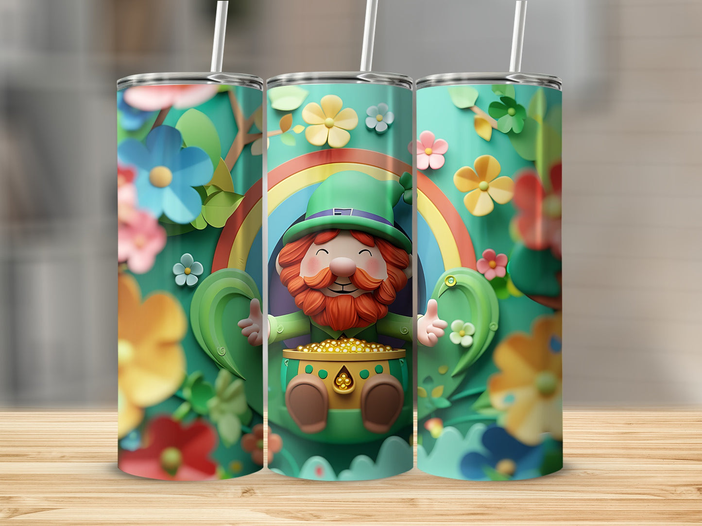 Leprechaun with pot of gold and rainbow, surrounded by flowers.