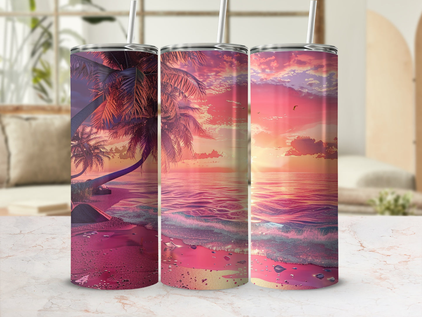 Three tumblers with a vibrant tropical beach sunset design.
