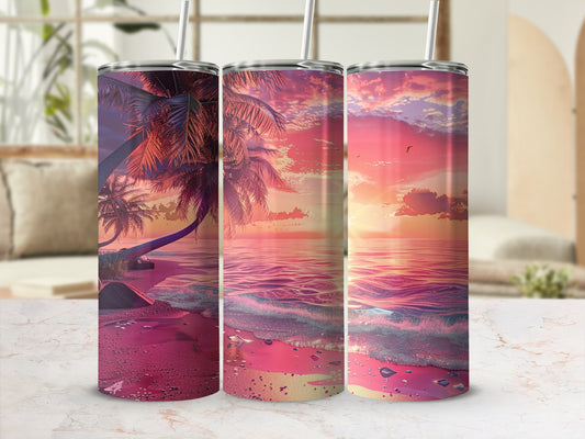 Three tumblers with a vibrant tropical beach sunset design.