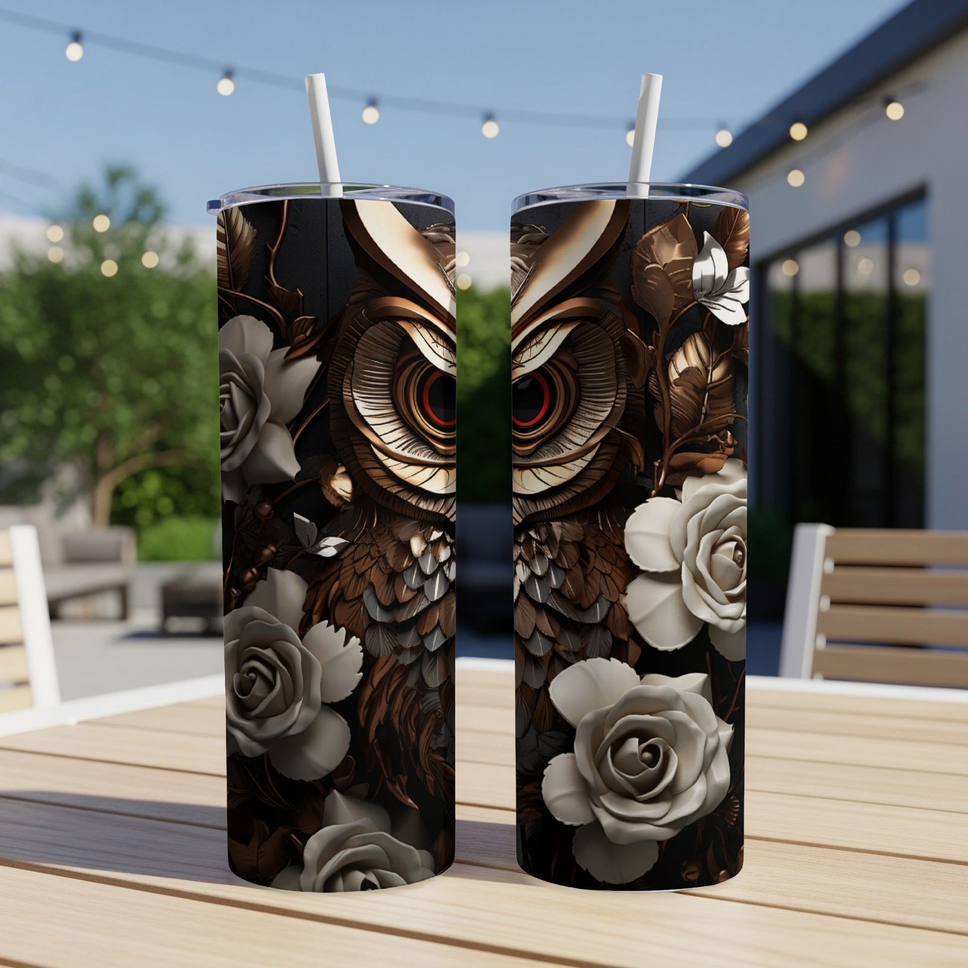Two tumblers with an owl and rose design sit on a wooden table outdoors.