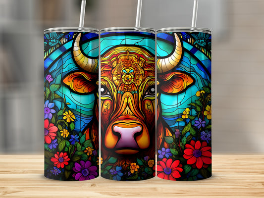 Triptych of stained glass cow tumblers with floral accents.