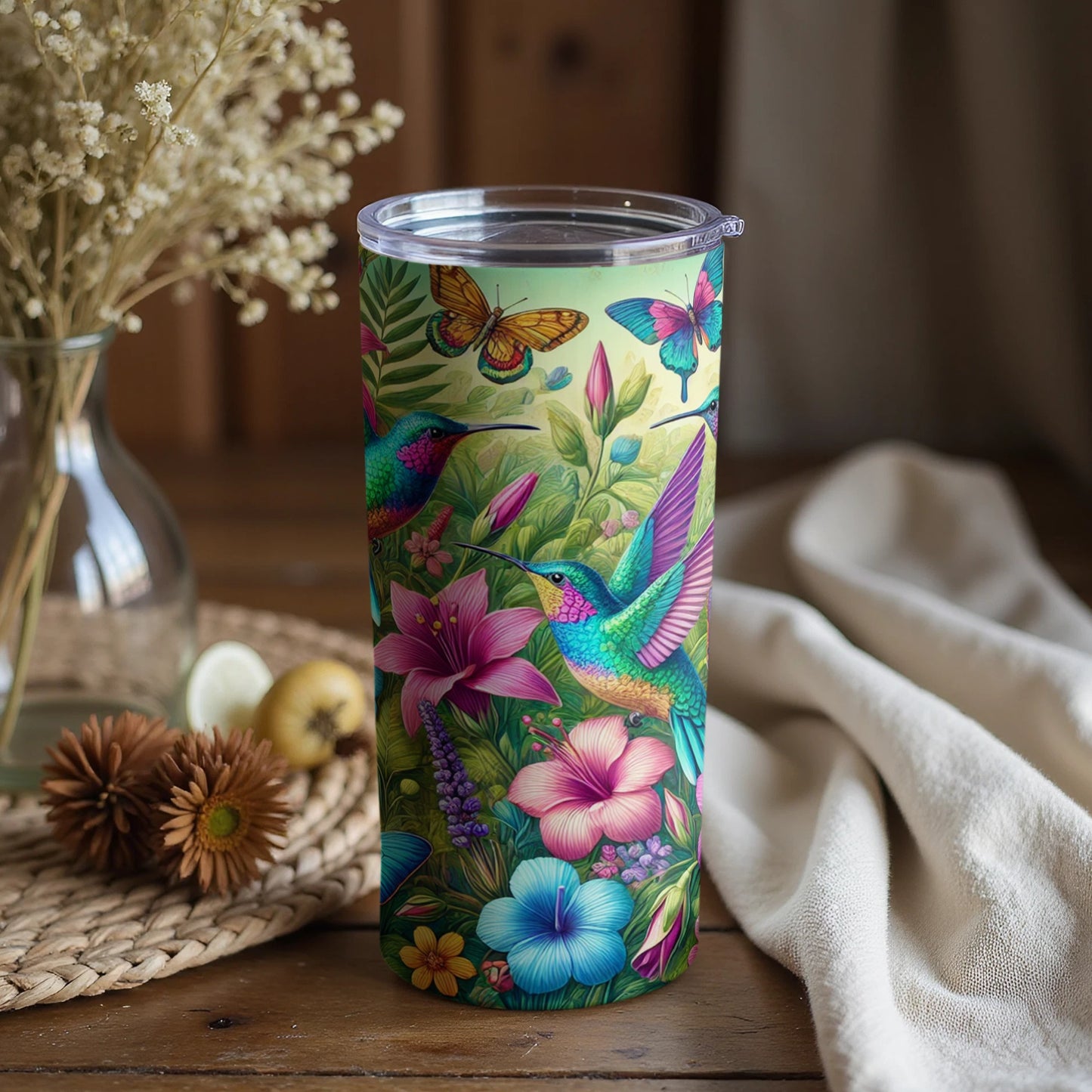 Colorful Hummingbird and Flowers Tumbler
