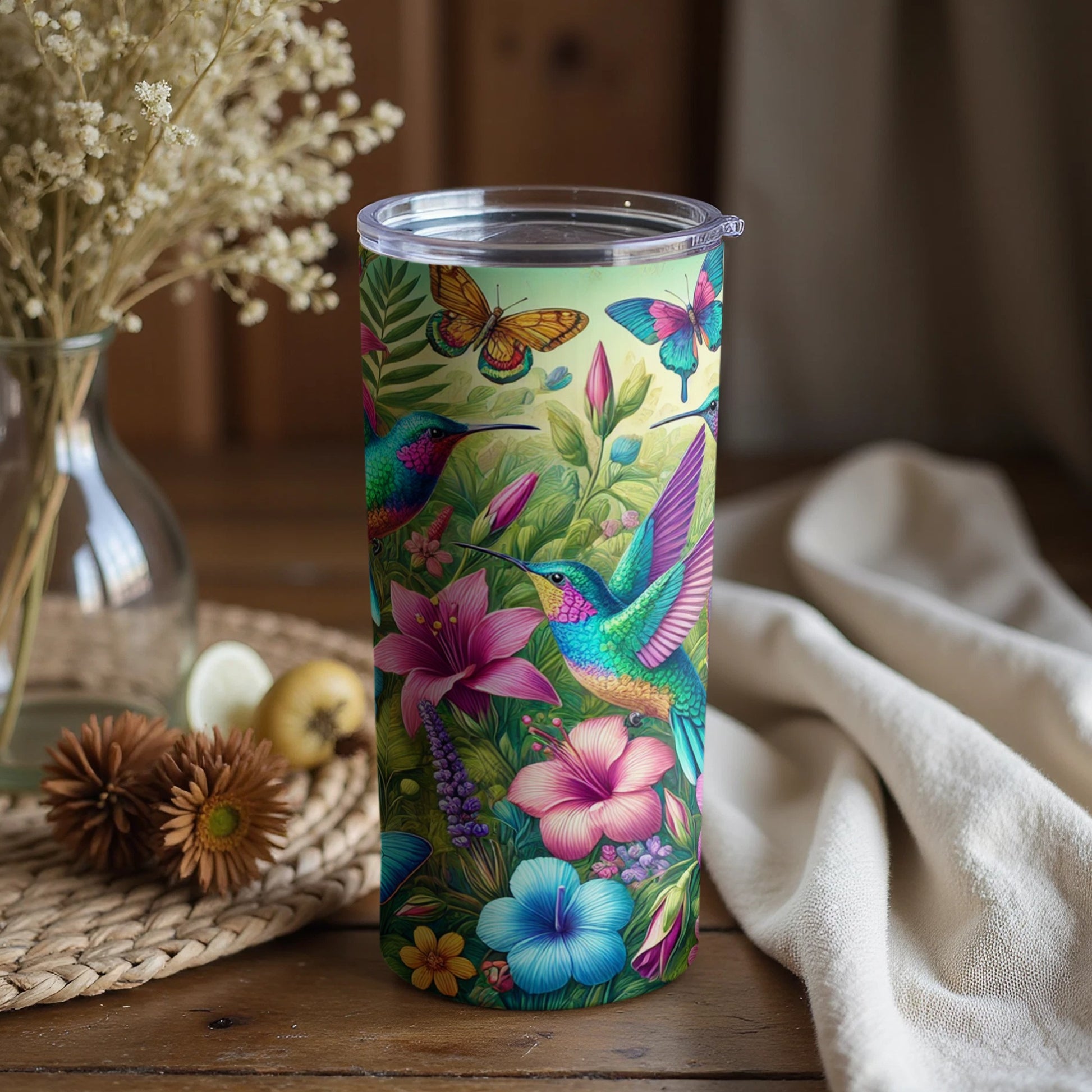 Colorful Hummingbird and Flowers Tumbler