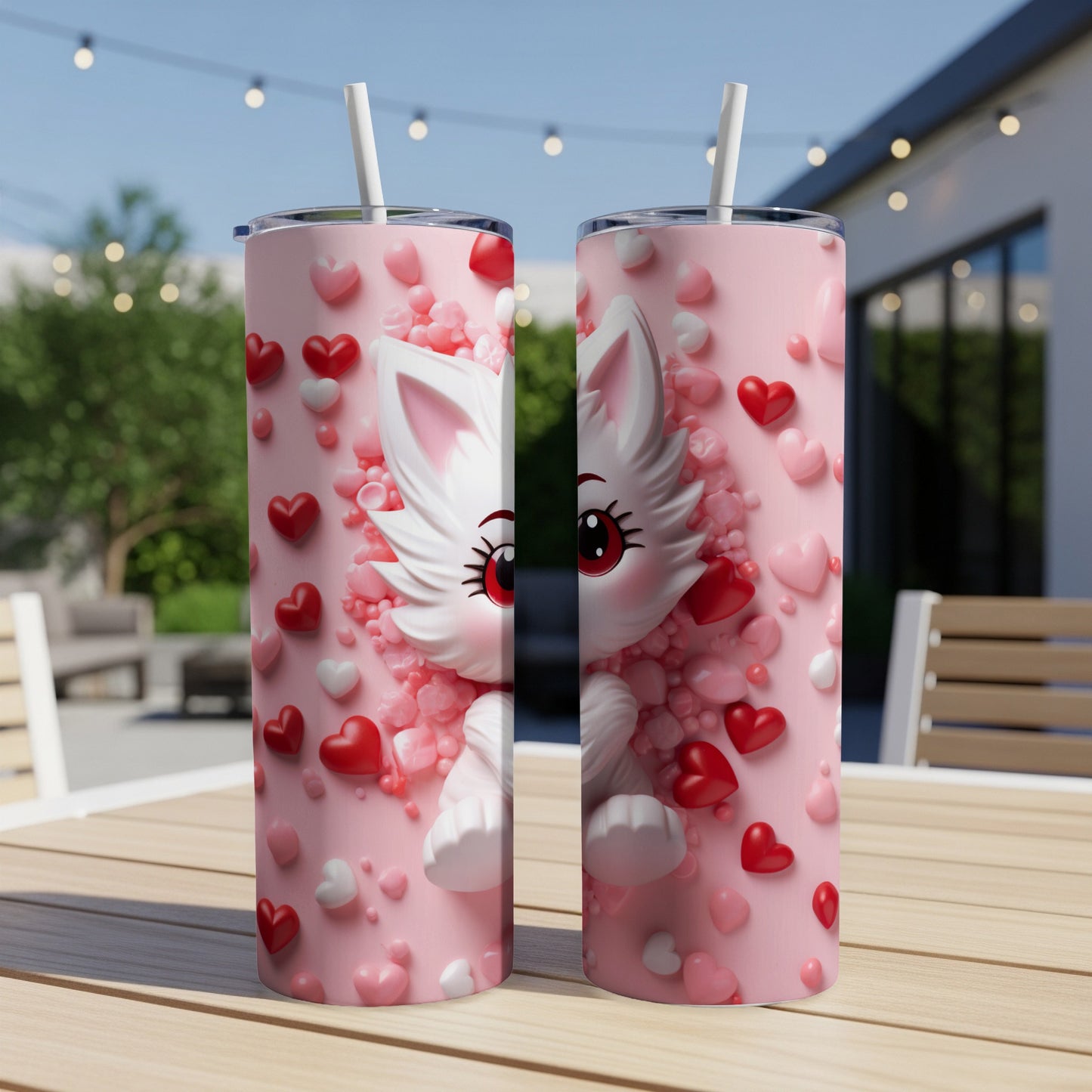 Pink tumbler with a cartoon cat and scattered heart confetti.