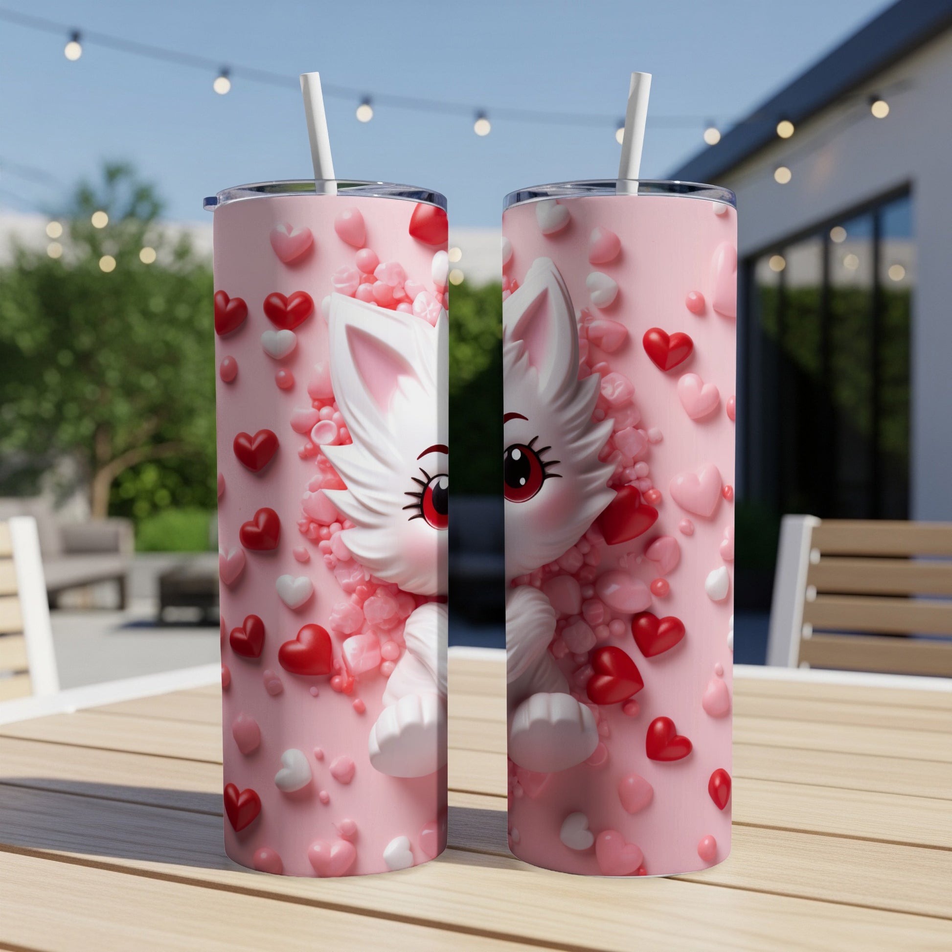Pink tumbler with a cartoon cat and scattered heart confetti.