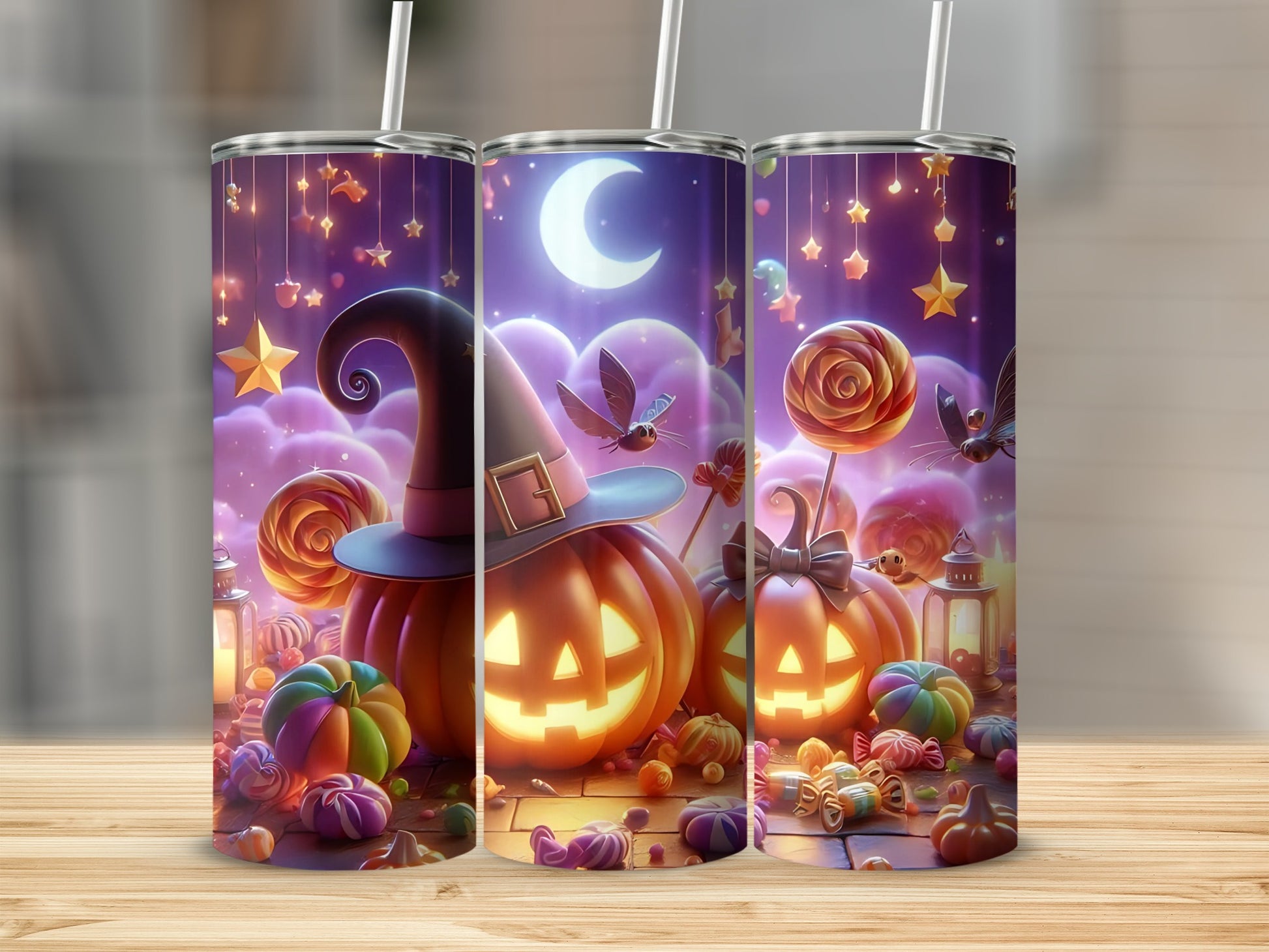 Tumblers with Halloween pumpkins, candy, and witch hats in a starry, moonlit scene.