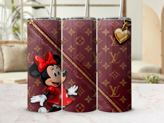 Minnie Mouse on a maroon Louis Vuitton pattern tumbler with gold zipper and heart charm.
