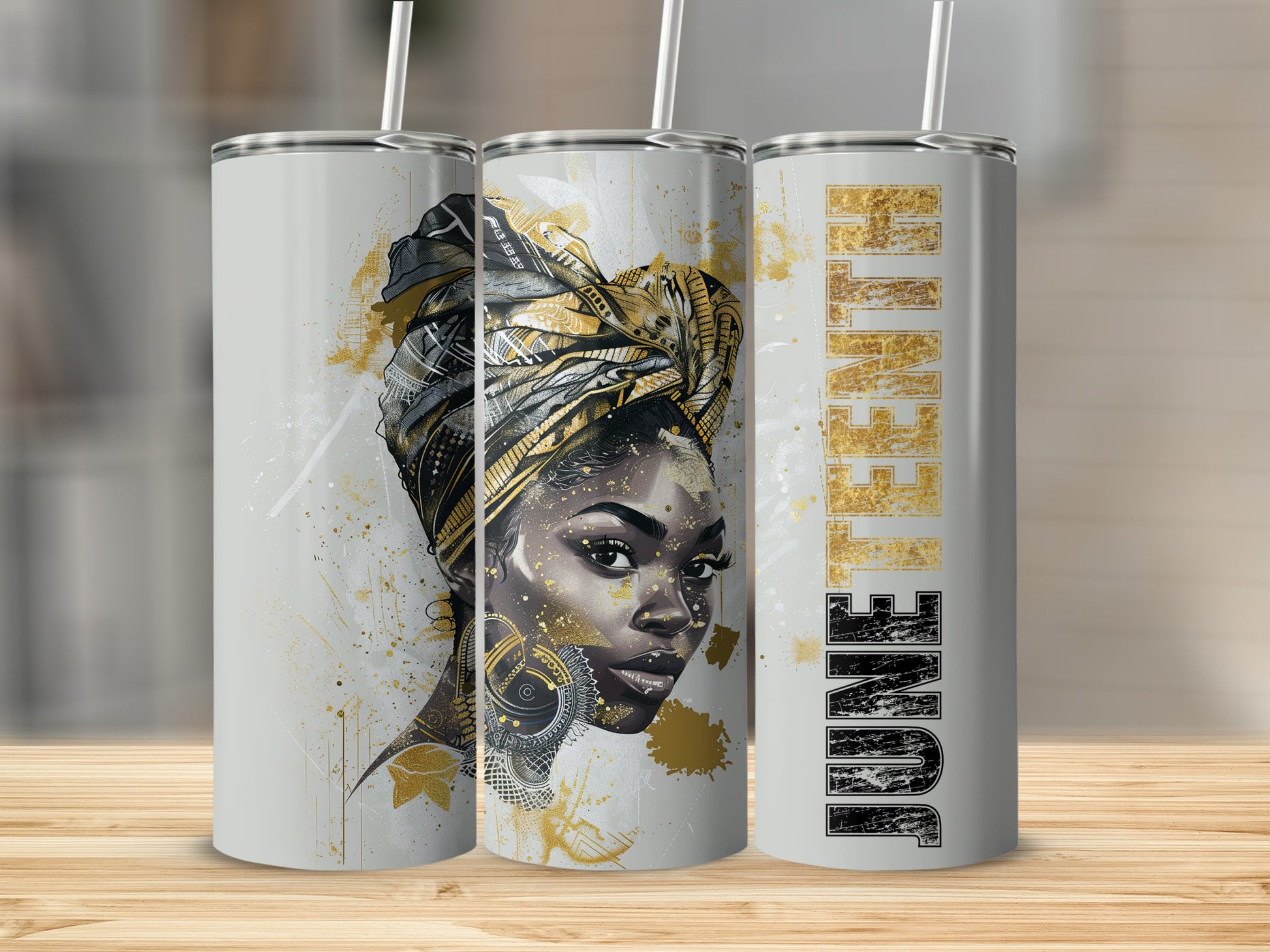 Tall tumbler with a woman's portrait and "June" text.