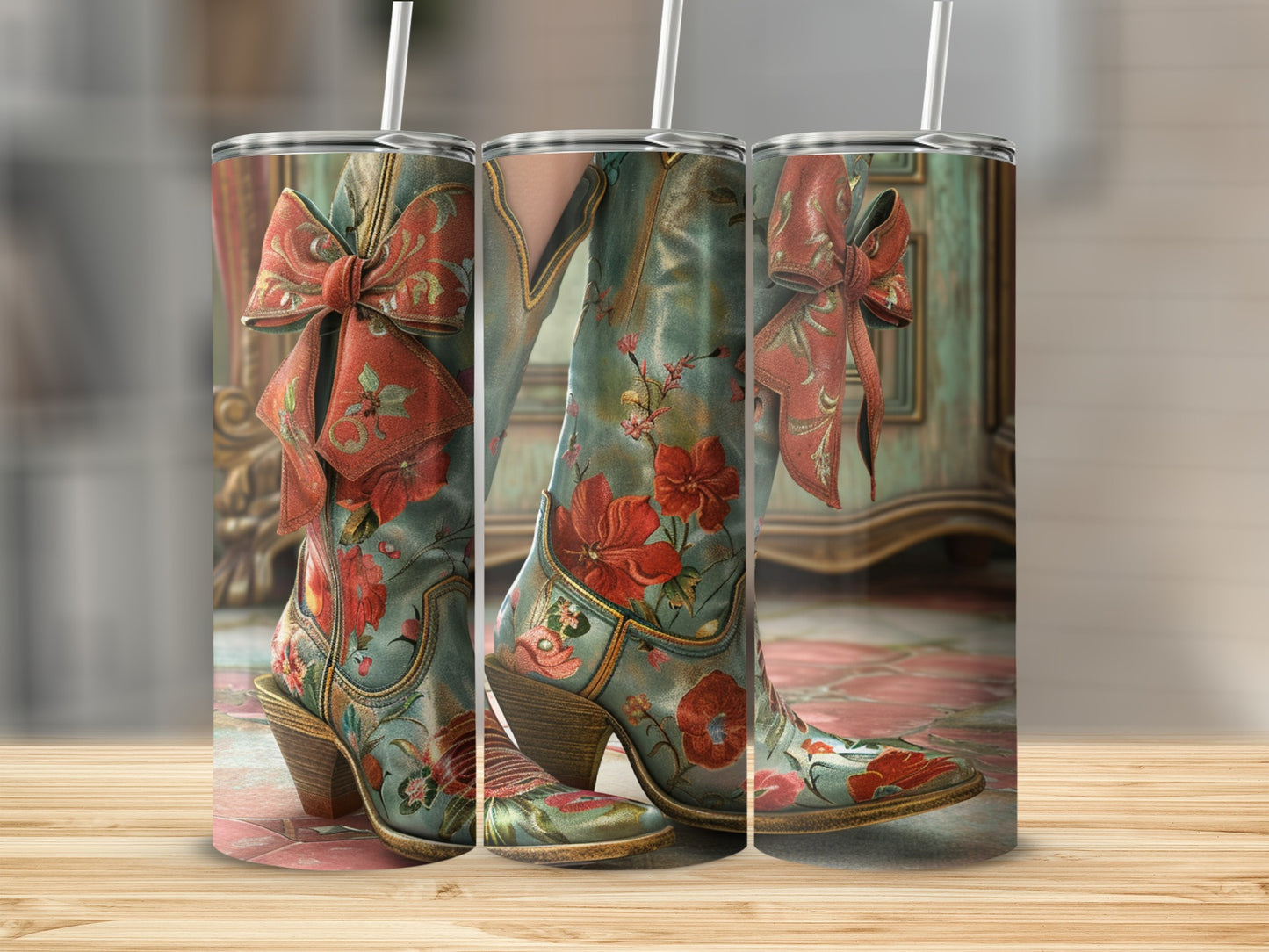Turquoise cowboy boots with red floral pattern and bows, three boots displayed.