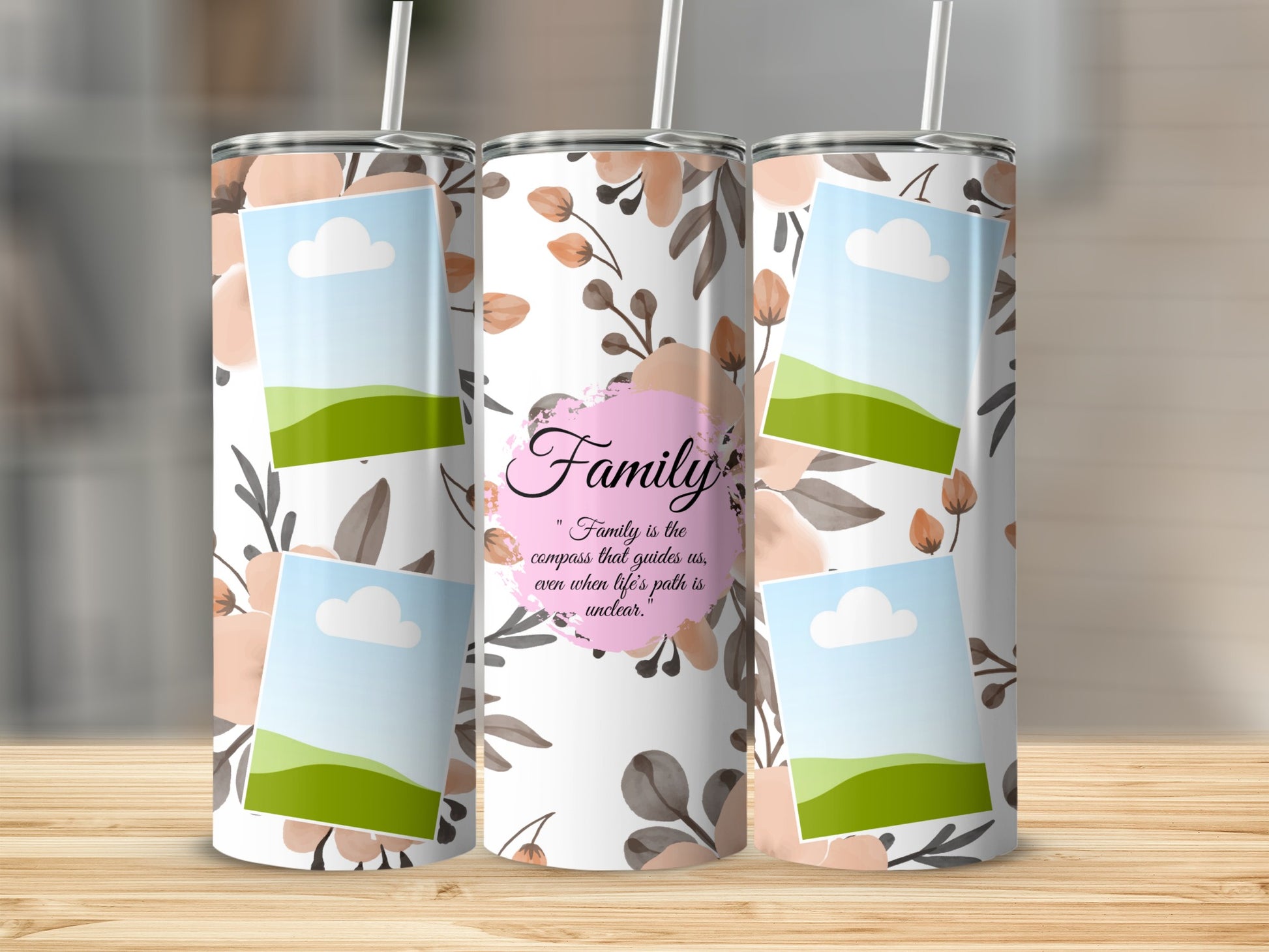 Tumblers with floral print, frame placeholders, and "Family" quote.