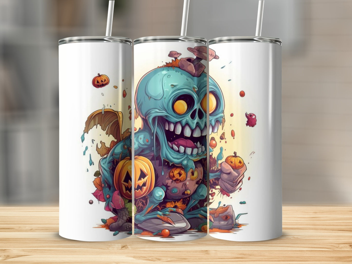 Halloween zombie tumbler with pumpkins and fall leaves design.
