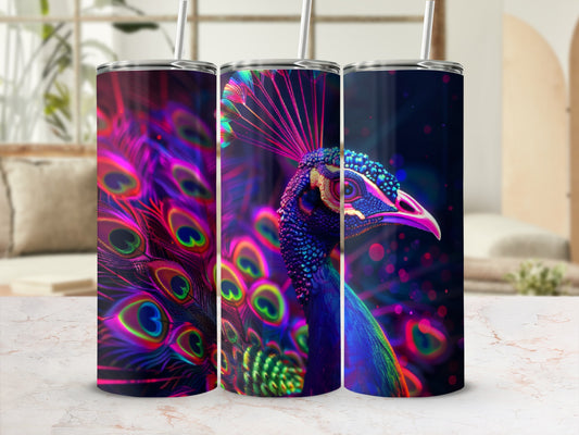 Three tumblers featuring a colorful peacock feather and head design.