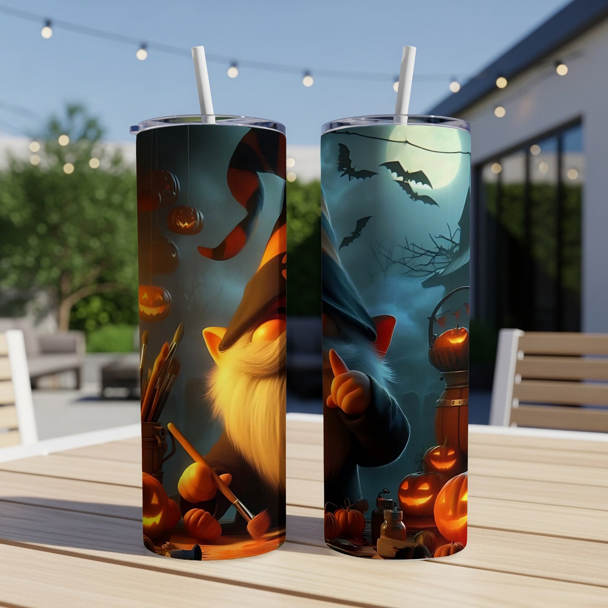 Two Halloween-themed tumblers feature gnomes, pumpkins, and bats under a moonlit sky.