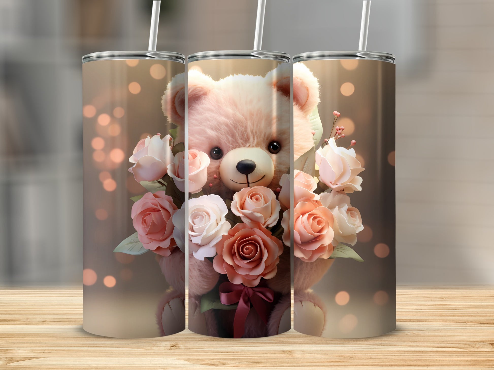 Pink Teddy Bear Roses Bouquet Bokeh Lights Tumbler product type