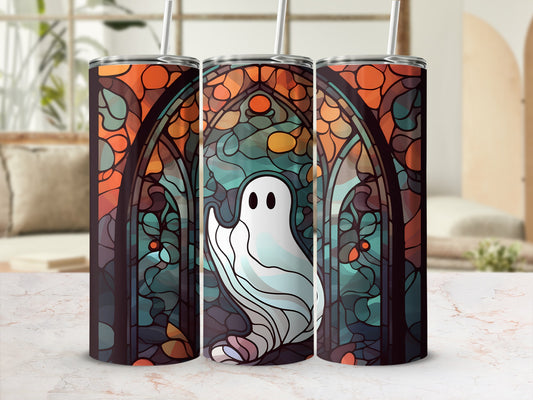 Ghost in stained glass pattern on a tumbler.