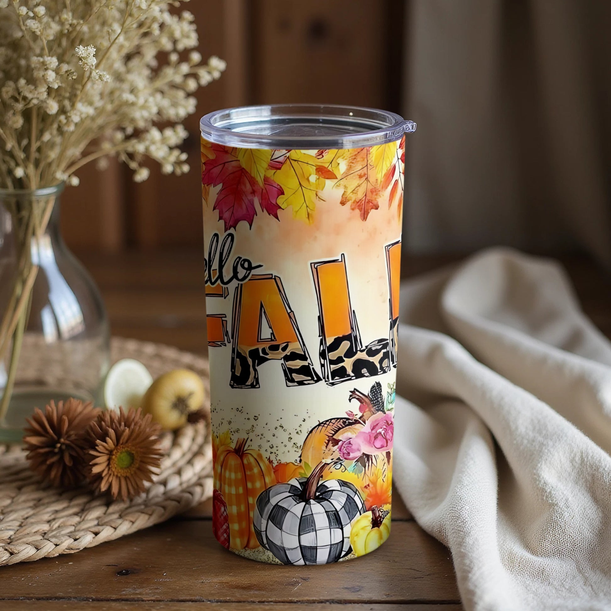 Hello Fall Colorful Autumn Floral Tumbler