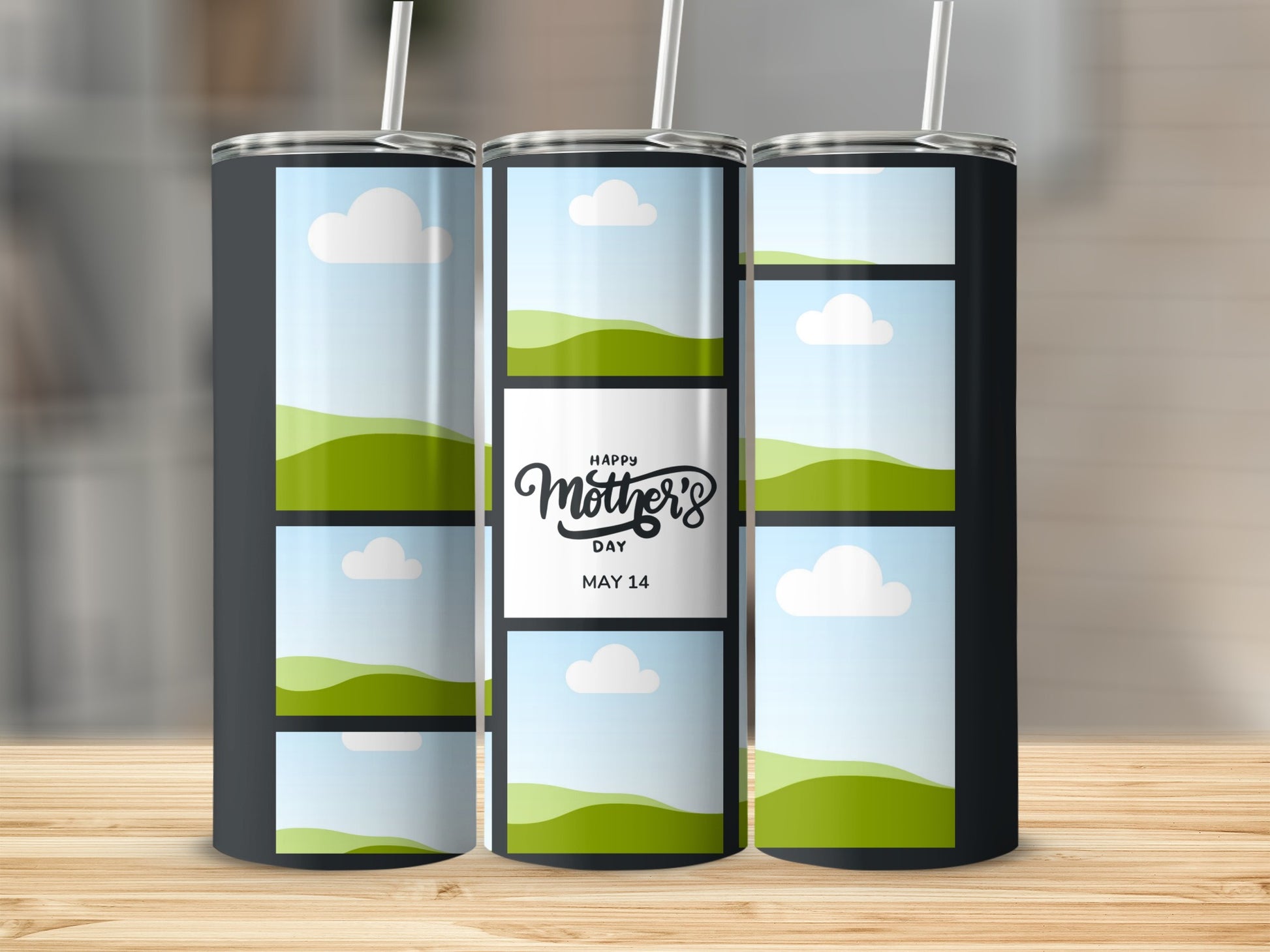 Three tumblers with a photo collage design and "Happy Mother's Day May 14" text.