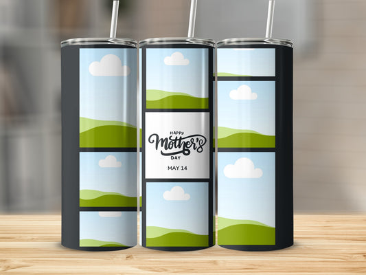 Three tumblers with a photo collage design and "Happy Mother's Day May 14" text.