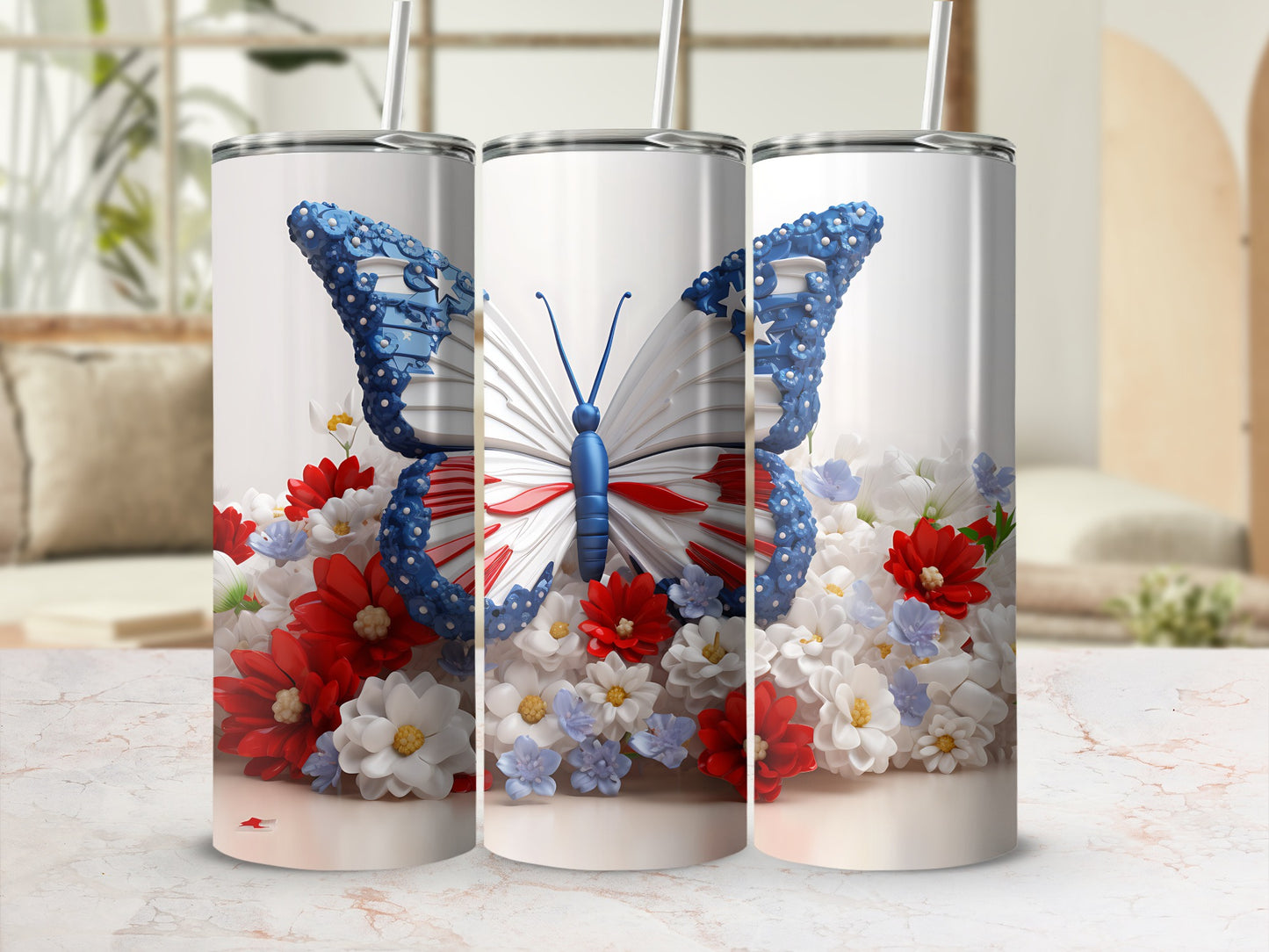 Three tumblers featuring a butterfly with a star-spangled wings pattern.