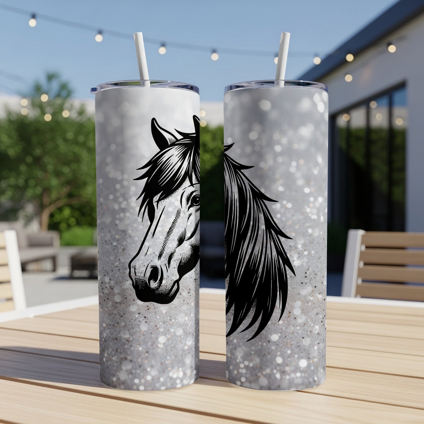 Two tall tumblers with a horse head design and a glittery background.