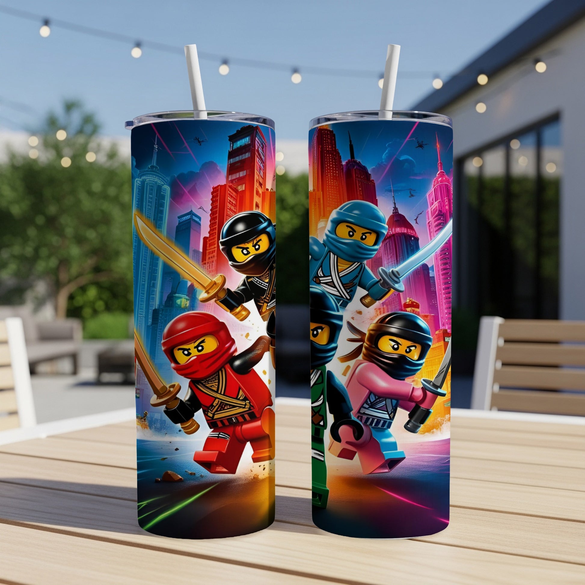 Two Ninjago-themed tumblers with cartoon characters on a table.